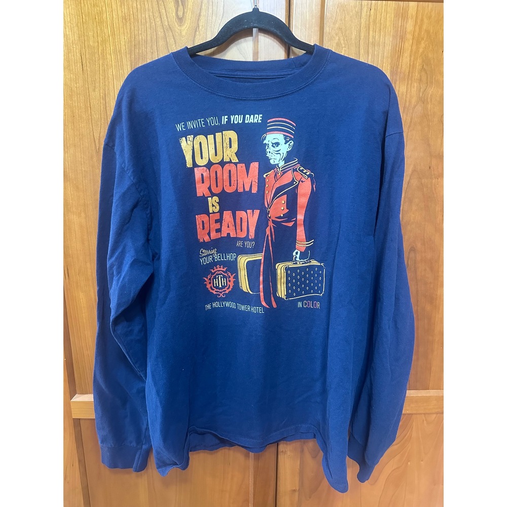Disney Tower of Terror Long Sleeve Shirt Mens Large Navy Hollywood Tower Hotel